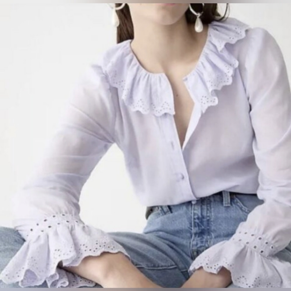 J.Crew Embroidered Ruffle Collar With Eyelet Lilac Blouse Size 6